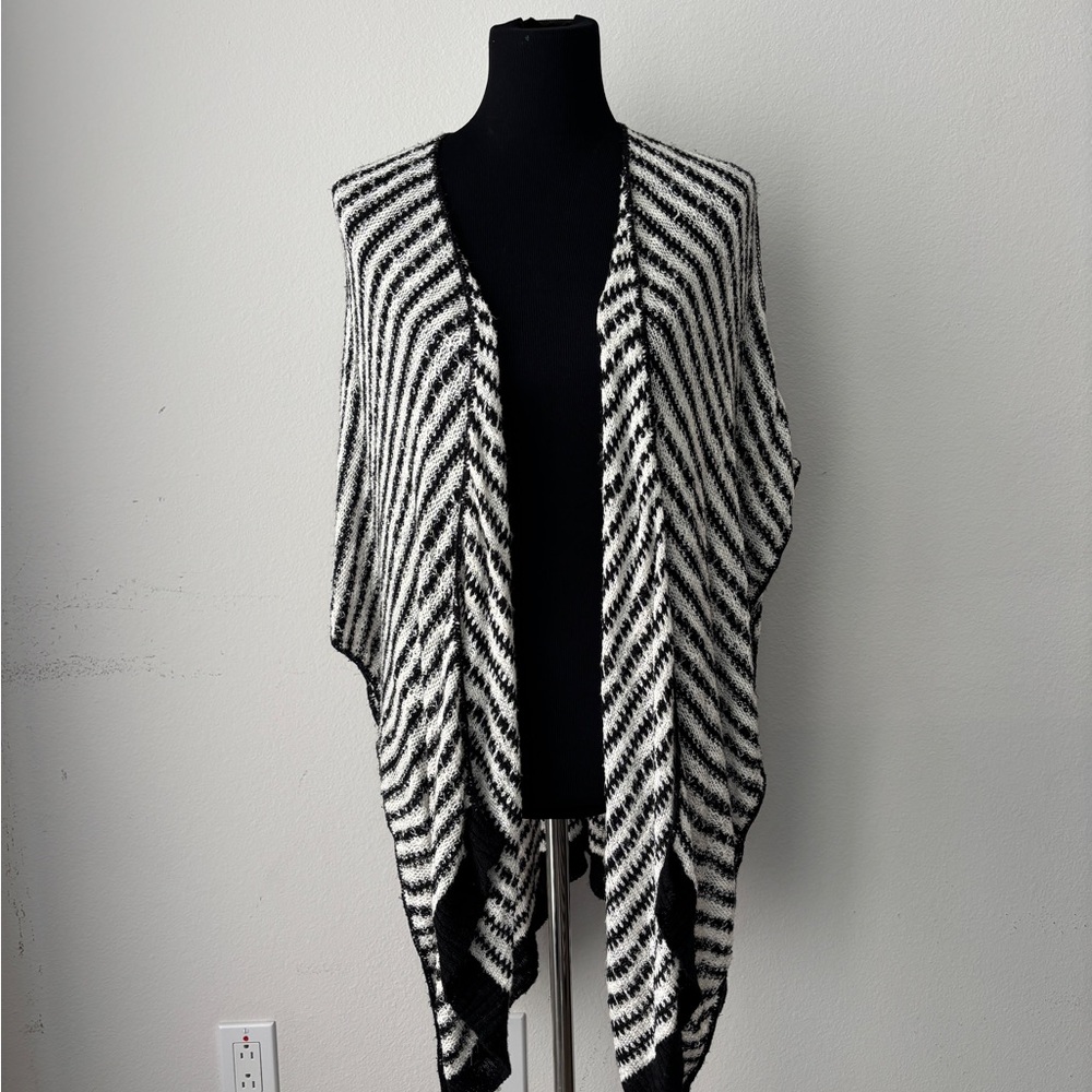 Black and White Striped Knit Open Cardigan